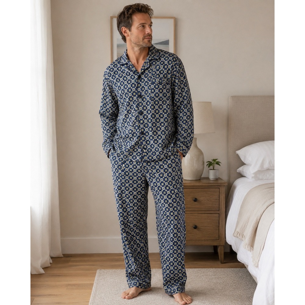 Stafford Sleepwear Mens XL Pajama Set Blue Geometric Medallion Cotton Blend